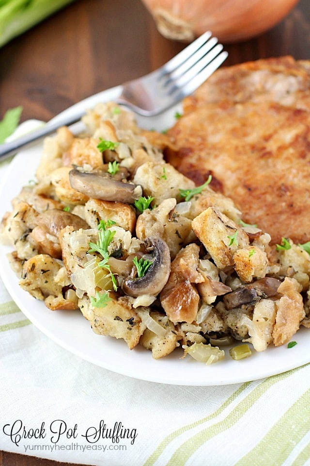 This Crock Pot Stuffing is delicious! So many great spices & flavors going on in this, it really stands out from those other blah stuffing recipes. Plus it's cooked in the slow cooker, so you can put it in hours before dinnertime and not even think about it until you eat! Perfect for Thanksgiving or any other day of the year!