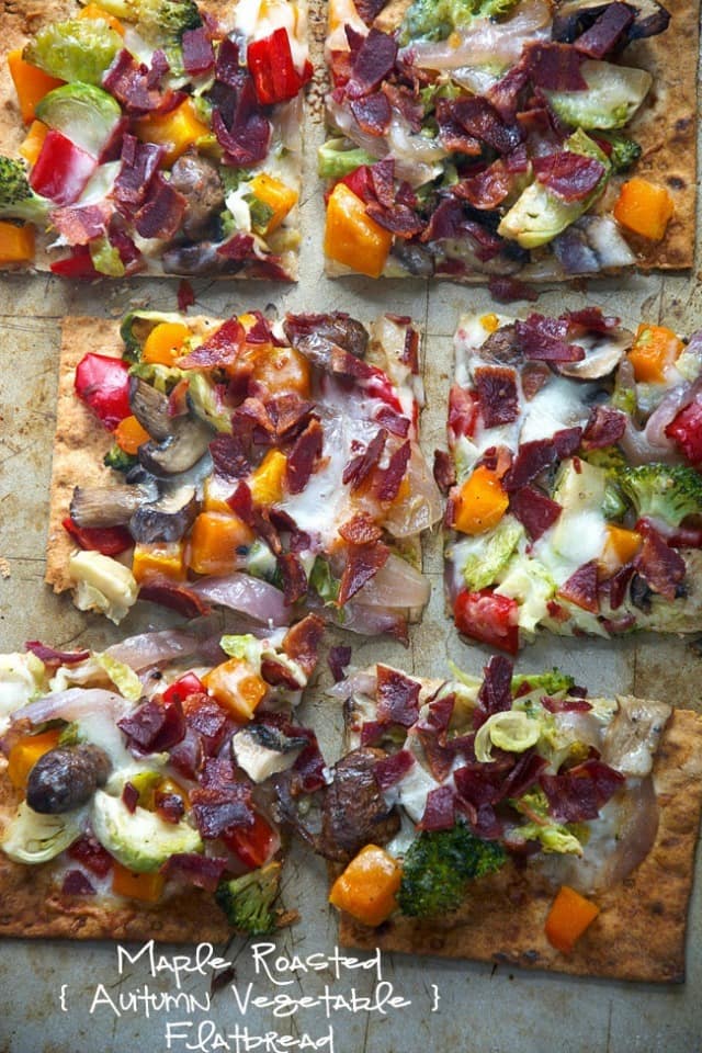Thin and crispy lavash is used as the base for this flatbread, then topped with autumn, maple roasted veggies, crispy bacon and creamy fontina for a flatbread that will please anyone!
