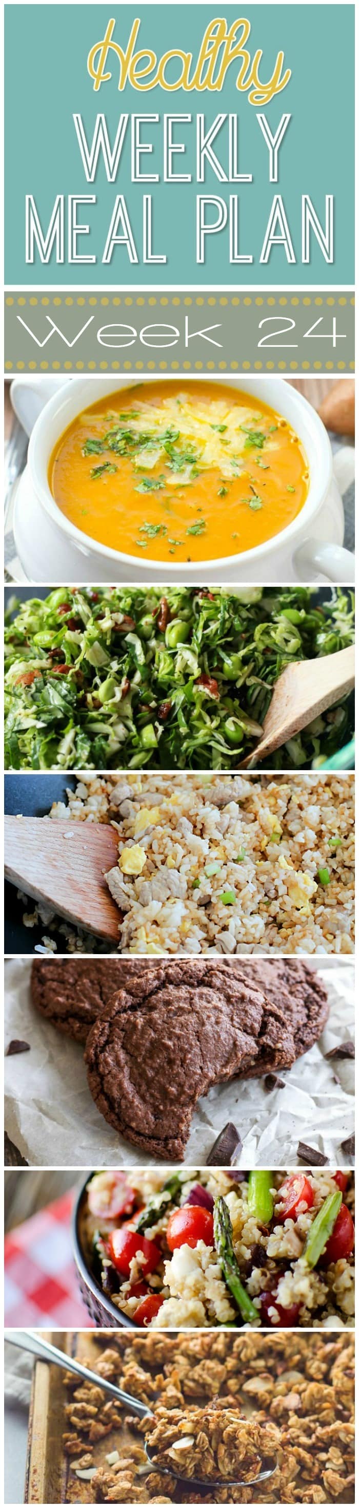 Healthy Weekly Meal Plan Week 24 is filled with so many great recipes! Lots of healthy main dishes to add to your dinner rotation! Plus a breakfast, lunch, snack and even an amazing dessert, too!