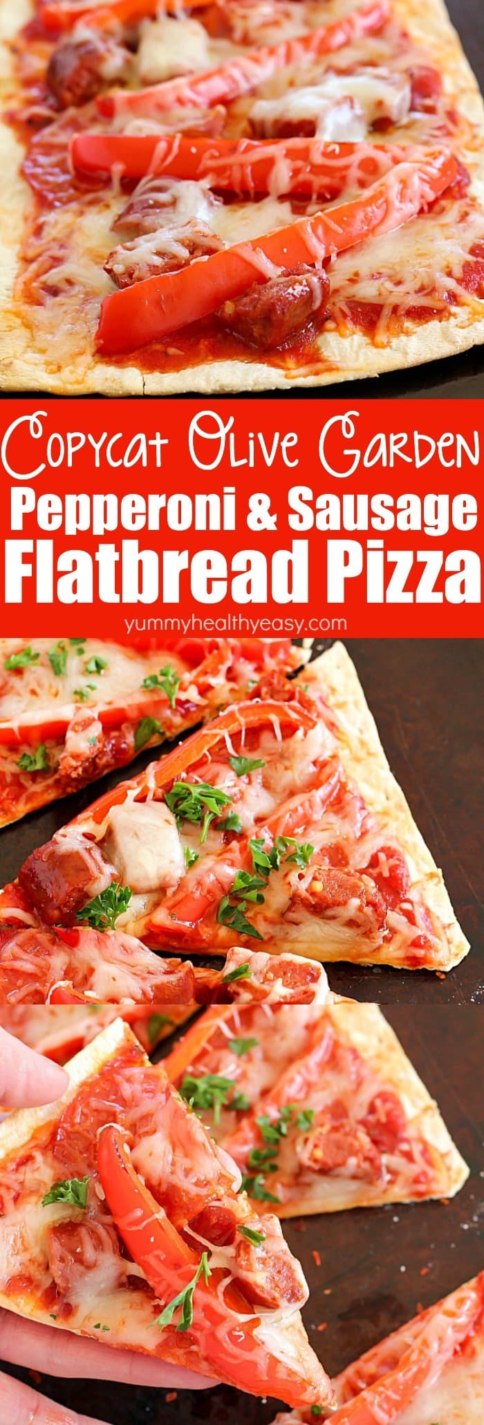 This Copycat Olive Garden Pepperoni & Sausage Flatbread Pizza is such a quick and easy dinner! Flatbread is layered with marinara sauce, roasted red peppers, pepperoni, sausage & cheese then baked. So easy and so delicious!! AD