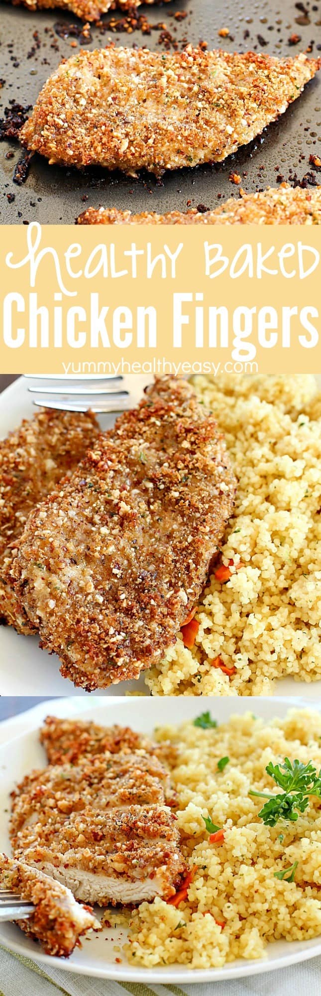 Healthy Baked Chicken Fingers with an almond-herb crust. These are my go-to easy dinner idea and my favorite way to eat chicken! They're incredibly flavorful and delicious! AD