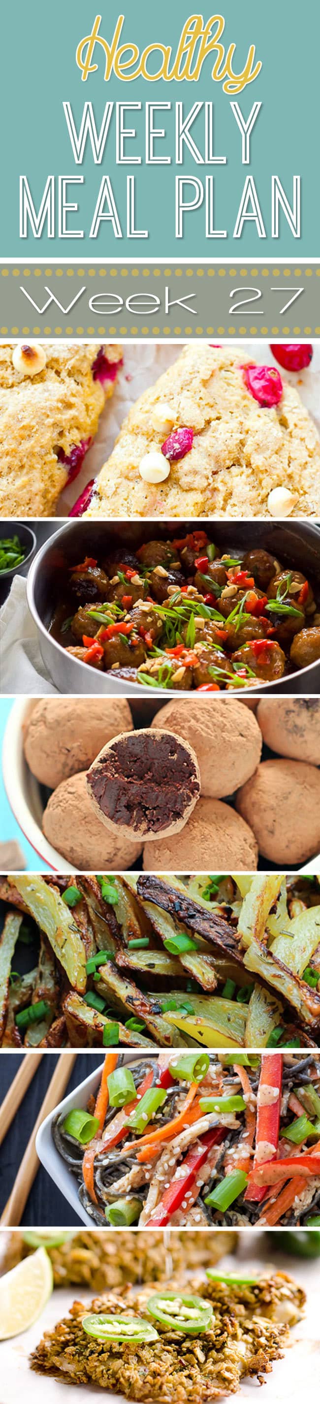 Healthy Weekly Meal Plan #27 is ready to go with healthy meals ranging from breakfast all the way to dessert! You will adore these healthy dinner recipes mixed in with breakfast, lunch, side dish and dessert. So many great dishes to plan out for the week!