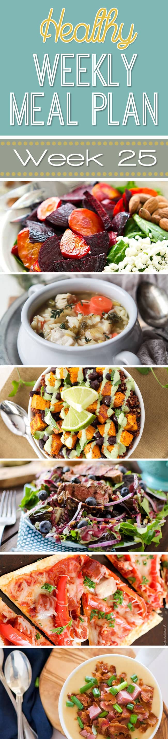 Healthy Weekly Meal Plan #25 is probably one of my favorite yet! Get a new dinner recipe every day plus a breakfast, lunch, side dish and even a healthy dessert recipe thrown in. You can eat healthy by using our healthy weekly menu plan!