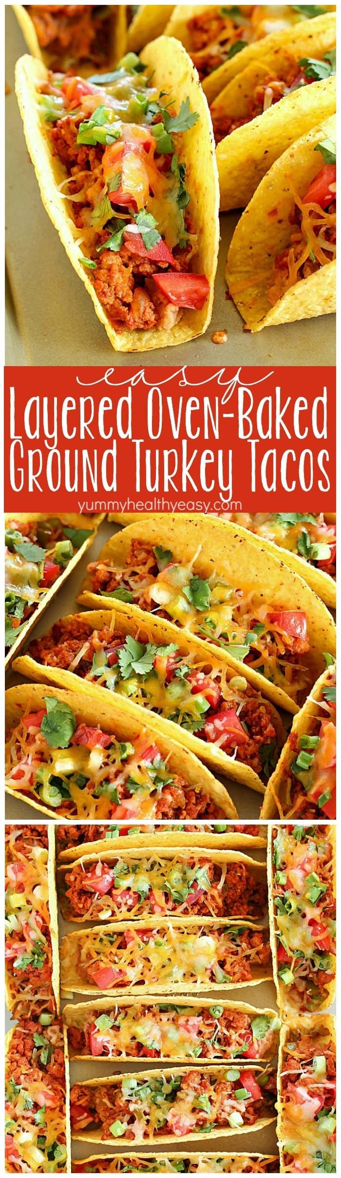Ground Turkey Tacos that are oven-baked with layers of deliciousness inside! Refried beans, ground turkey taco meat, (no taco seasoning mix!) tomato, cilantro, green onions and cheese all baked in taco shells. Perfect for Taco Tuesday or for game day! AD
