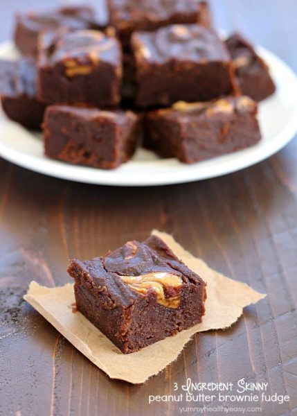 If you're looking for a chocolate fix but don't want all the calories, you have to try this 3 Ingredient Skinny Peanut Butter Brownie Fudge! Only 42 calories for a chunk of fudgy, chocolate marbled, peanut butter deliciousness!
