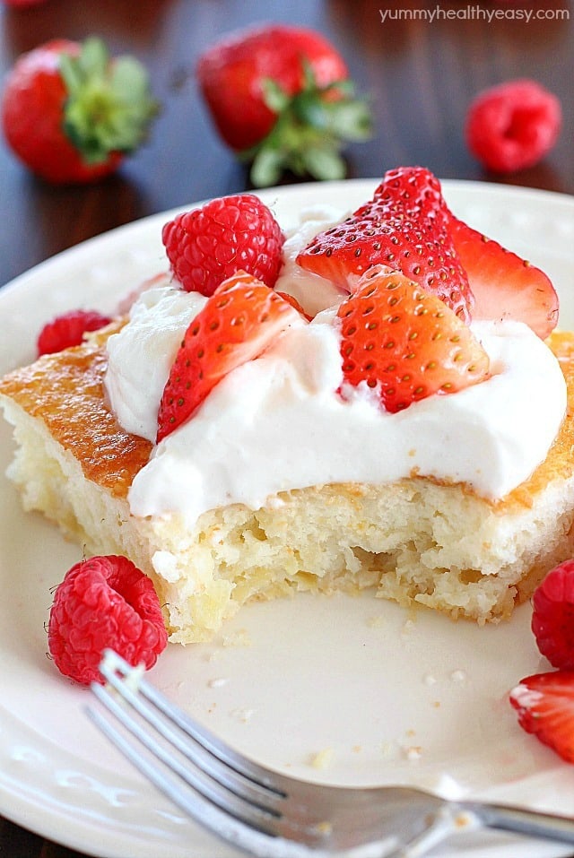 Fluff Cake is a delicious fat-free, low-calorie dessert with only TWO easy ingredients! It's the easiest dessert to make and comes out fluffy and light. Great served with fruit and whipped topping. :)