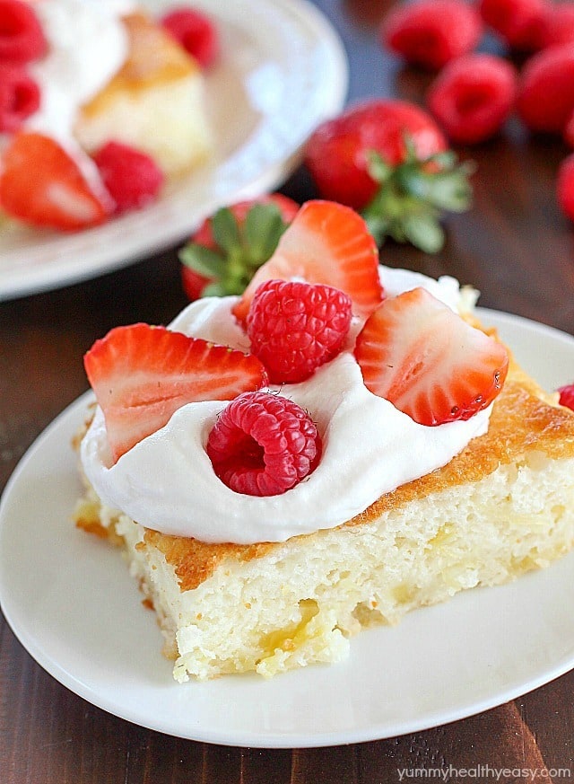 Fluff Cake is a delicious fat-free, low-calorie dessert with only TWO easy ingredients! It's the easiest dessert to make and comes out fluffy and light. Great served with fruit and whipped topping. :)
