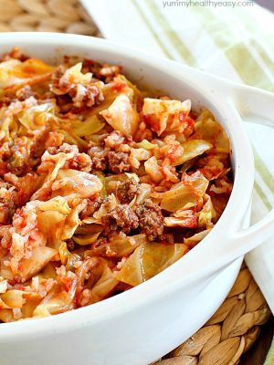 Cabbage Roll Casserole is much easier than making traditional cabbage rolls! This yummy casserole is slowly baked and full of ground beef, rice and cabbage in a light tomato sauce. Hearty, simple to make and delicious!