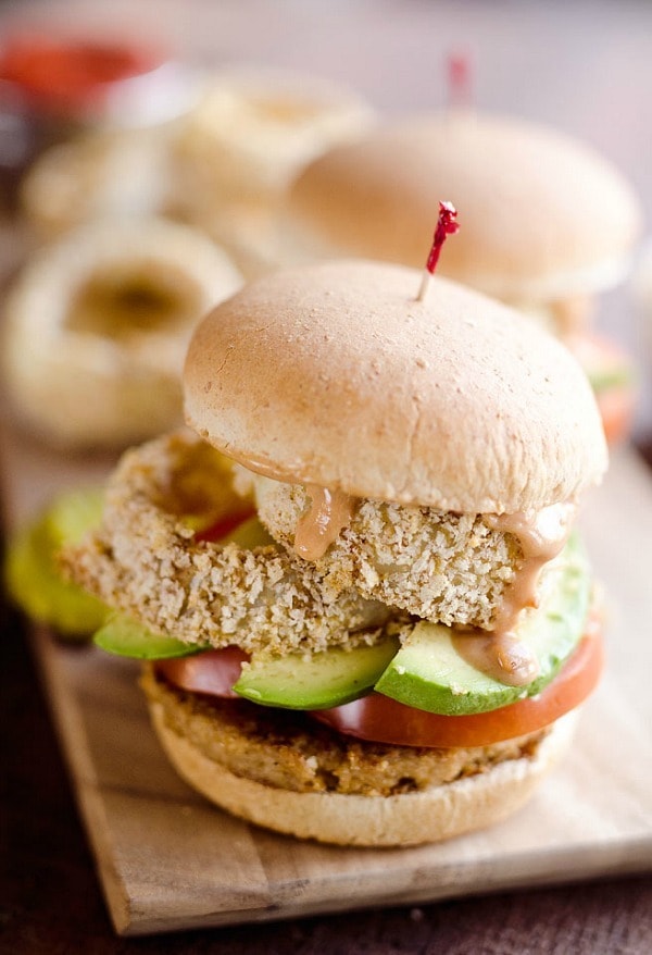 This Skinny Cowgirl Veggie Burger is a hearty and healthy vegetarian meal perfect for Meatless Monday. Your favorite veggie burger is topped with homemade baked onion rings smothered in a Greek yogurt and BBQ sauce for bold flavor and crunch.