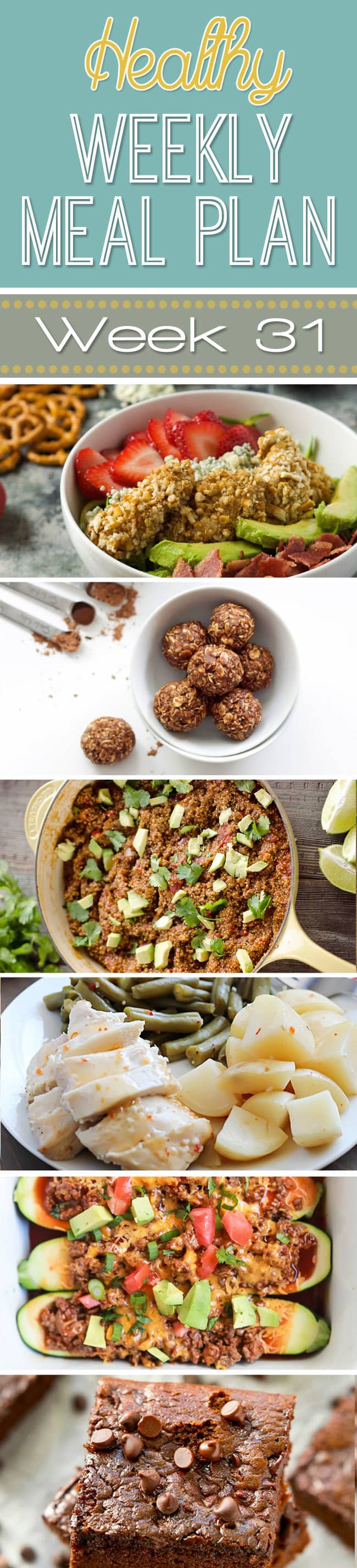 Healthy Weekly Meal Plan #31 is probably one of my favorite yet! Get a new dinner recipe every day plus a breakfast, lunch, side dish and even a healthy dessert recipe thrown in. You can eat healthy and save money by using our healthy weekly menu plan to plan out your meals!