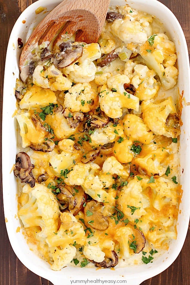 Cheesy Cauliflower Casserole makes the most delicious side dish or meatless main dish! Full of flavor with cauliflower, sautéed mushrooms & leeks, and an easy cheesy sauce that won't pack on the calories. This is incredible! AD