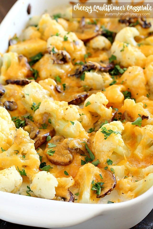 Cheesy Cauliflower Casserole makes the most delicious side dish or meatless main dish! Full of flavor with cauliflower, sautéed mushrooms & leeks, and an easy cheesy sauce that won't pack on the calories. This is incredible!