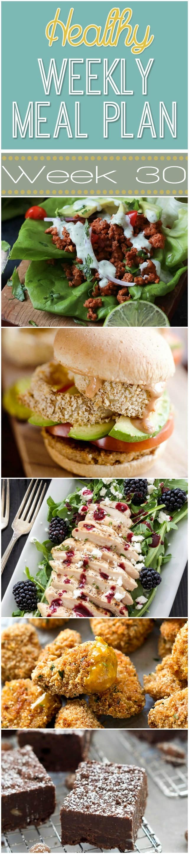 Want to save money on groceries and eat healthier? Plan out your meals for the week with our Healthy Weekly Meal Plan! Week 30 is filled with so many great recipes! Lots of healthy main dishes to add to your dinner rotation! Plus a breakfast, lunch, snack and even an amazing dessert, too!