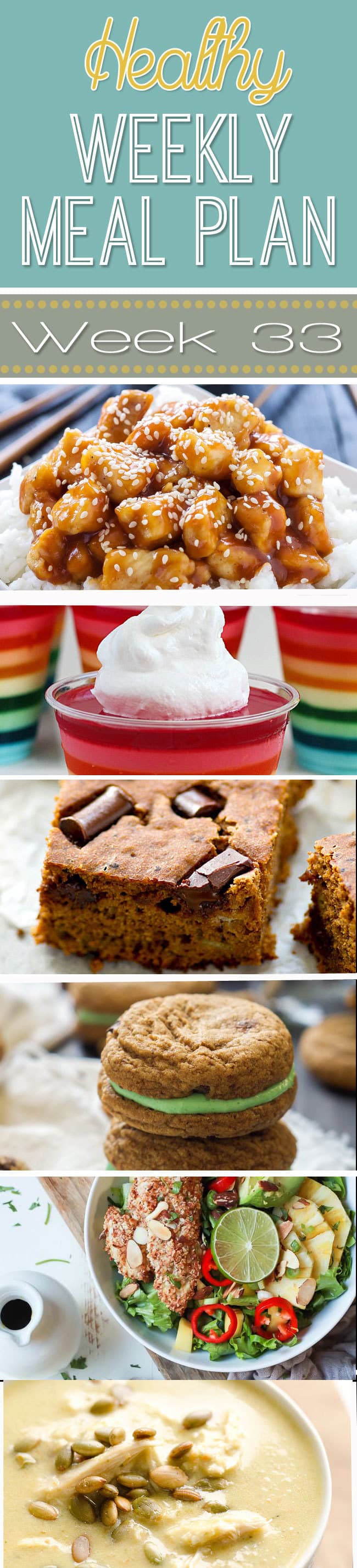 Plan out your meals this week with ease with our Healthy Weekly Meal Plan! Week 33 is filled with healthy main dishes to add to your dinner rotation. Plus a breakfast, lunch, snack and even an amazing dessert, too!