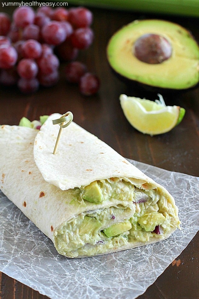 Avocado Chicken Salad Wrap - a perfect blend of avocado, Greek yogurt, chicken, celery, grapes, red onion & spices to make your lunch complete! This is healthy and only takes a few minutes to whip up! AD
