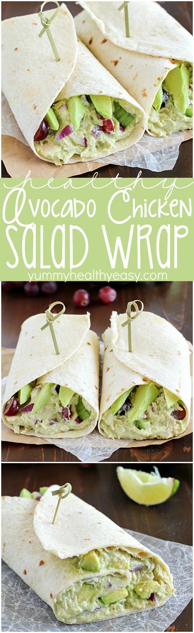 Avocado Chicken Salad Wrap - a perfect blend of avocado, Greek yogurt, chicken, celery, grapes, red onion & spices to make your lunch complete! This is healthy and only takes a few minutes to whip up! AD