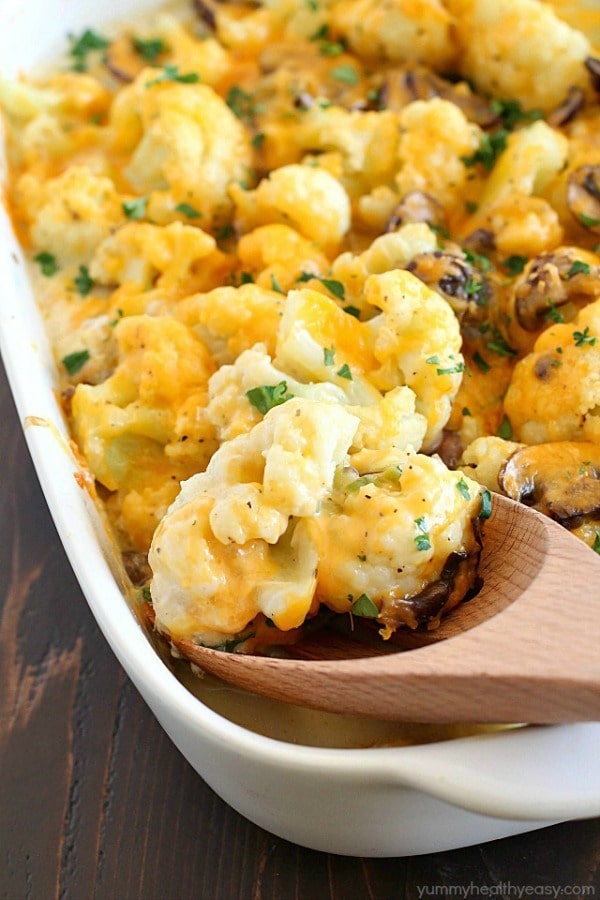 Cheesy Cauliflower Casserole makes the most delicious side dish or meatless main dish! Full of flavor with cauliflower, sautéed mushrooms & leeks, and an easy cheesy sauce that won’t pack on the calories. This is incredible!