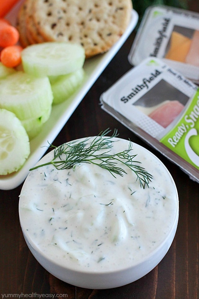 Cucumber Dill Dip recipe that's both creamy and refreshing! A delicious way to get you to eat more veggies. ;) Plus a fun giveaway from Smithfield - check it out!