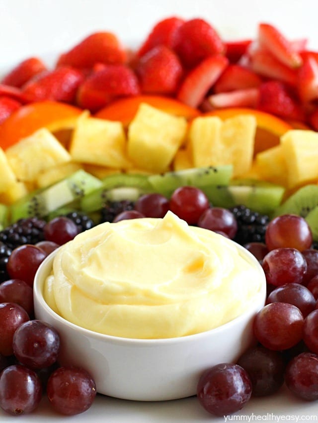 How about making a FUN Fruit Rainbow with Lemon Dip?! It will be the hit of your party! Whether you're celebrating St. Patrick's Day or just any day of the week, this is a snack everyone will enjoy! The Lemon Dip is so creamy and delicious. It goes perfectly with the fruit!
