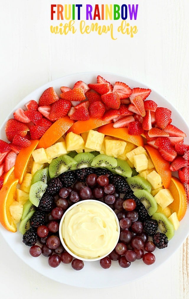 How about making a FUN Fruit Rainbow with Lemon Dip?! It will be the hit of your party! Whether you're celebrating St. Patrick's Day or just any day of the week, this is a snack everyone will enjoy! The Lemon Dip is so creamy and delicious. It goes perfectly with the fruit!