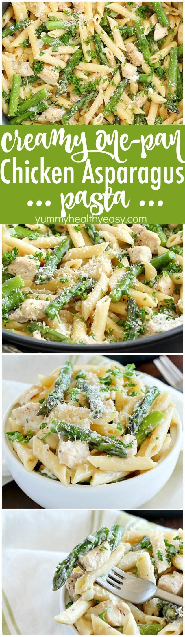 Creamy One-Pot Chicken Asparagus Pasta! Cooked in a creamy sauce and cooked from start to finish in only ONE pan. It's so simple and so easy plus the clean up is a breeze. It's perfect for spring and your busy schedule!