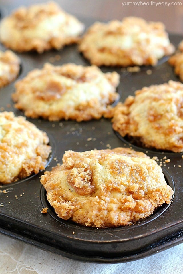 Skinny Banana Muffins with a crazy delicious crumble topping! These banana muffins are the best way to use up those brown bananas on your counter and they're healthier thanks to a few awesome ingredient swaps! AD