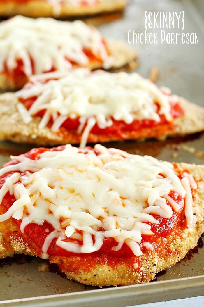 Time to change up that fattening Chicken Parmesan Recipe and make it skinny!! This lightened up comfort food dish is super easy to make and made healthier by baking instead of frying among other things. You need to add this Skinny Chicken Parmesan to your weekly dinner rotation!