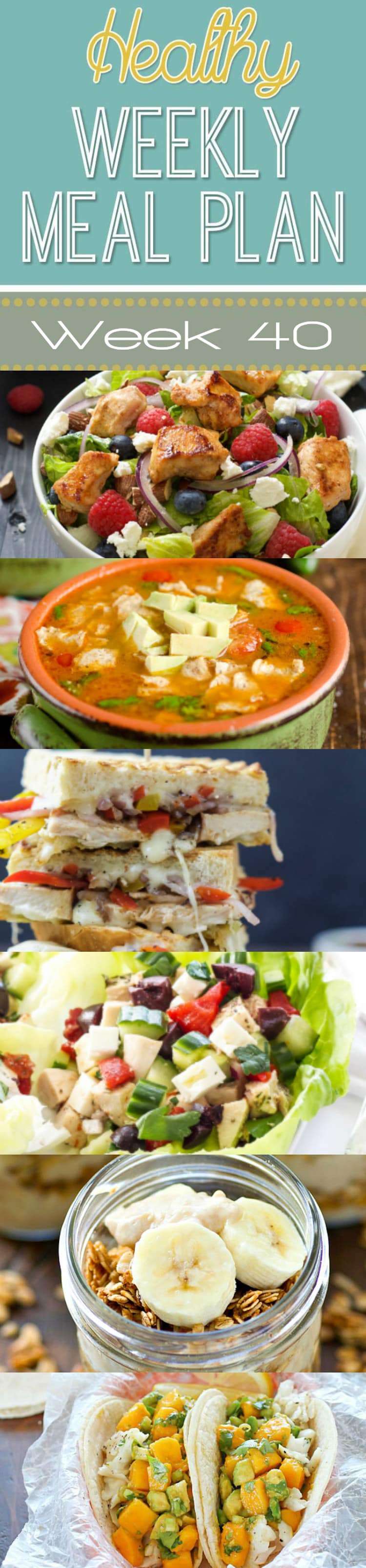 Healthy Weekly Meal Plan #40 is full of yummy, healthy recipes for you to make this week! We have breakfast, lunch, dinner, dessert and a snack all prepped out for you for a week of healthy recipes!