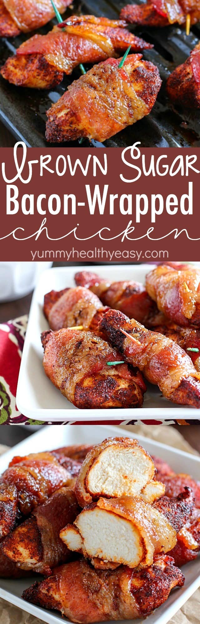 Brown Sugar Bacon Wrapped Chicken is one of my favorite dinners! Making this again tonight! You roll the chicken in spices and then wrap in bacon. Then roll in brown sugar and bake. SO easy, tender, juicy & flavorful. My family loves this chicken dinner! AD