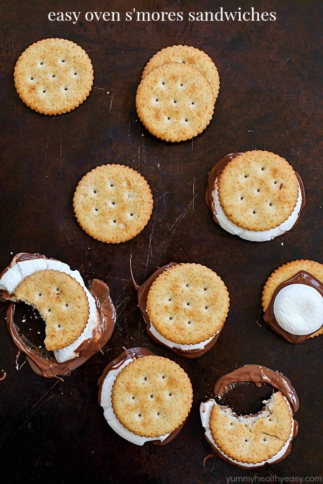 Oven S'mores Sandwiches for the WIN! You don't need a campfire to enjoy s'mores, make them in the oven instead! These oven smores are incredibly easy to make (about 5 minutes total!) and are the perfect combo of salty and sweet. So delicious! AD