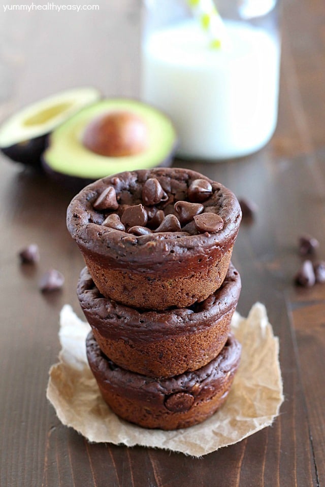 Avocado Muffins. With Chocolate. That are fudgy. Yessiree! Fudgy Chocolate Avocado Muffins that are eggless and only 188 calories so you feel like you're eating dessert for breakfast! Hint: you can't taste the avocado at all! AD