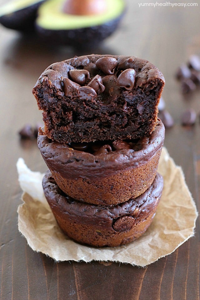Avocado Muffins. With Chocolate. That are fudgy. Yessiree! Fudgy Chocolate Avocado Muffins that are eggless and only 188 calories so you feel like you're eating dessert for breakfast! Hint: you can't taste the avocado at all! AD