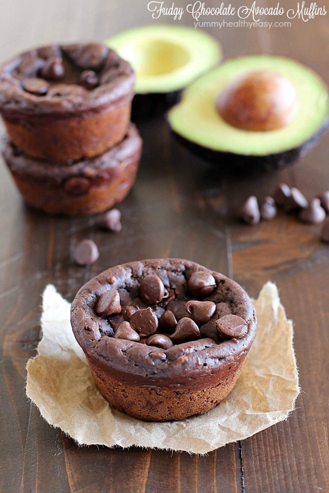 Avocado Muffins. With Chocolate. That are fudgy. Yessiree! Fudgy Chocolate Avocado Muffins that are eggless and only 188 calories so you feel like you're eating dessert for breakfast! Hint: you can't taste the avocado at all! AD