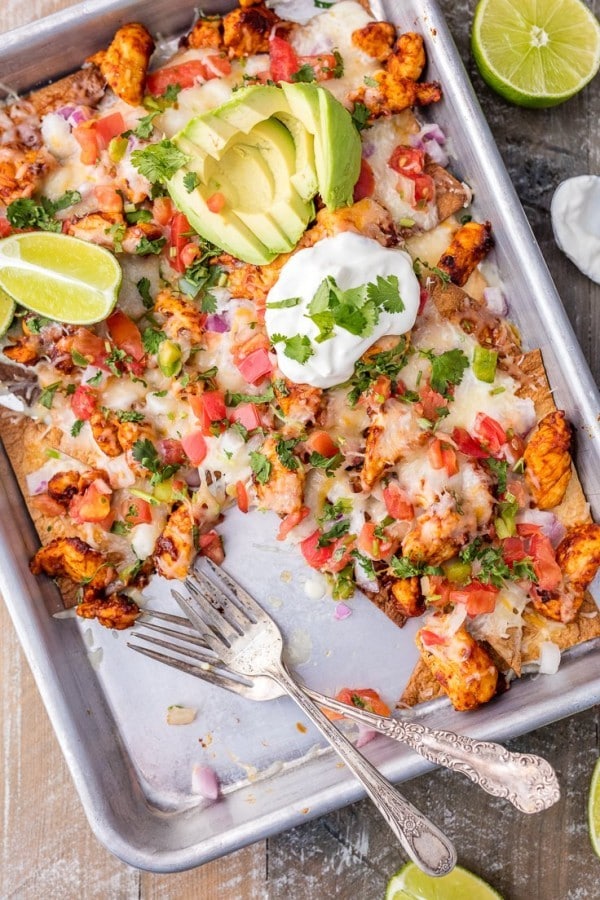 Tequila Lime Sheet Pan Chicken Nachos by The Cookie Rookie