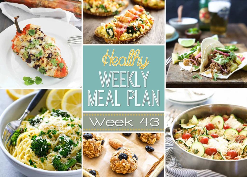 Healthy Weekly Meal Plan #43 is packed full of healthy dinners as well as a healthy lunch, snack, side dish and dessert, too! You won't want to miss this weeks healthy weekly meal plan! Get planning!