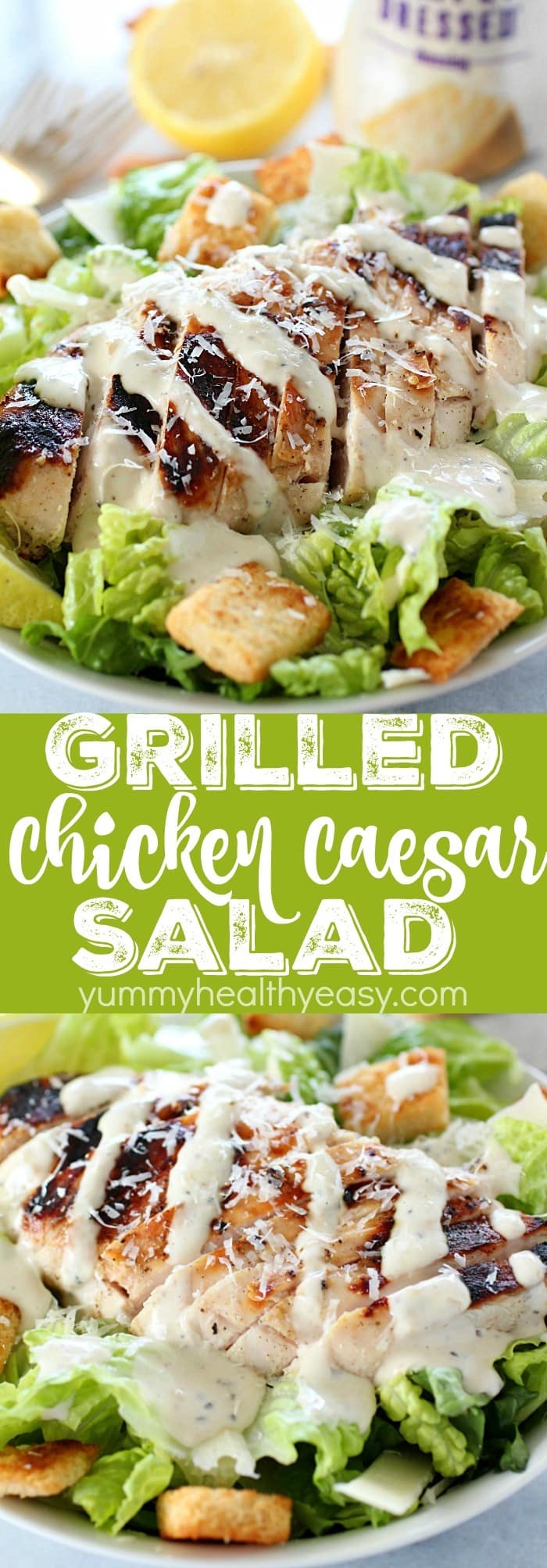 Grilled Chicken Caesar Salad for a yummy summertime lunch or dinner! With a simple yogurt marinade recipe, this grilled chicken is tender and delicious. Served over romaine lettuce, homemade croutons, shaved parmesan and caesar dressing - YUM!! AD