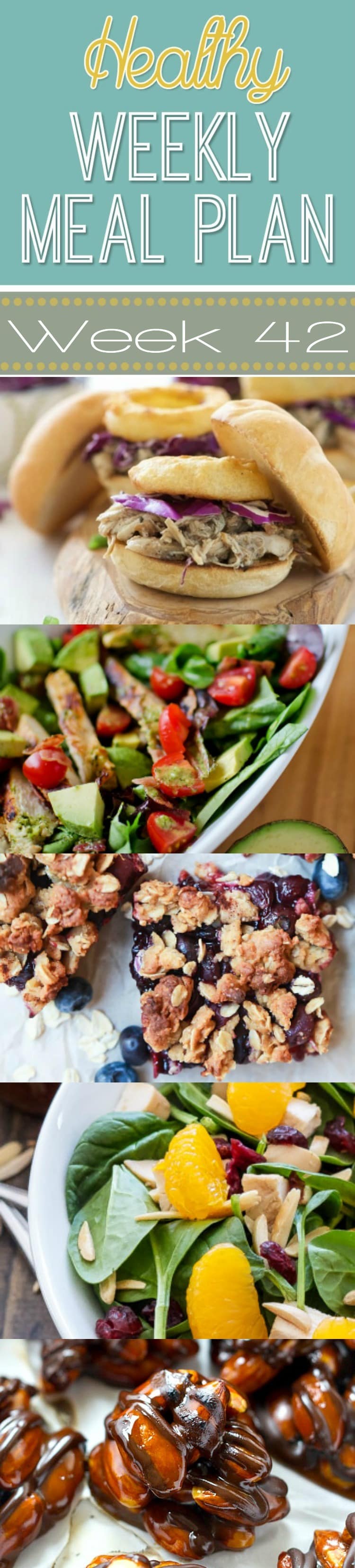 Healthy Weekly Meal Plan #42 - check out this week's healthy recipes! Lots of dinner ideas plus a lunch, snack, side dish and dessert. You won't want to miss this meal plan!
