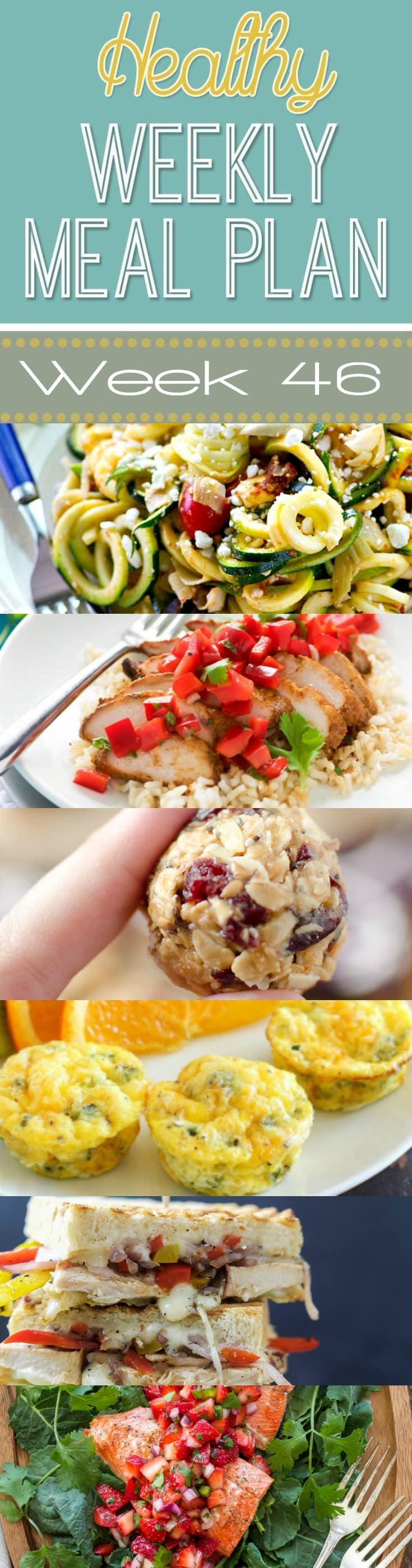 Healthy Weekly Meal Plan #46 is full of delicious dinner recipes for every day of the week plus a breakfast, lunch, side dish and snack recipe, too! Healthy eating will be a breeze for you this week!