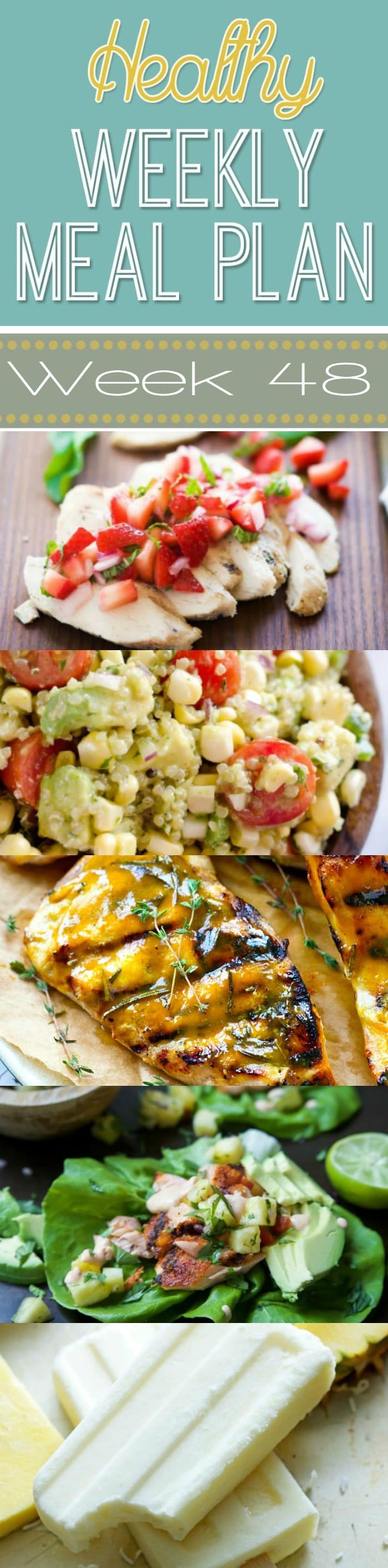 Healthy Weekly Meal Plan #48 - Check out these healthy meal ideas just for you! Plus a healthy side dish, snack, lunch and dessert , too!