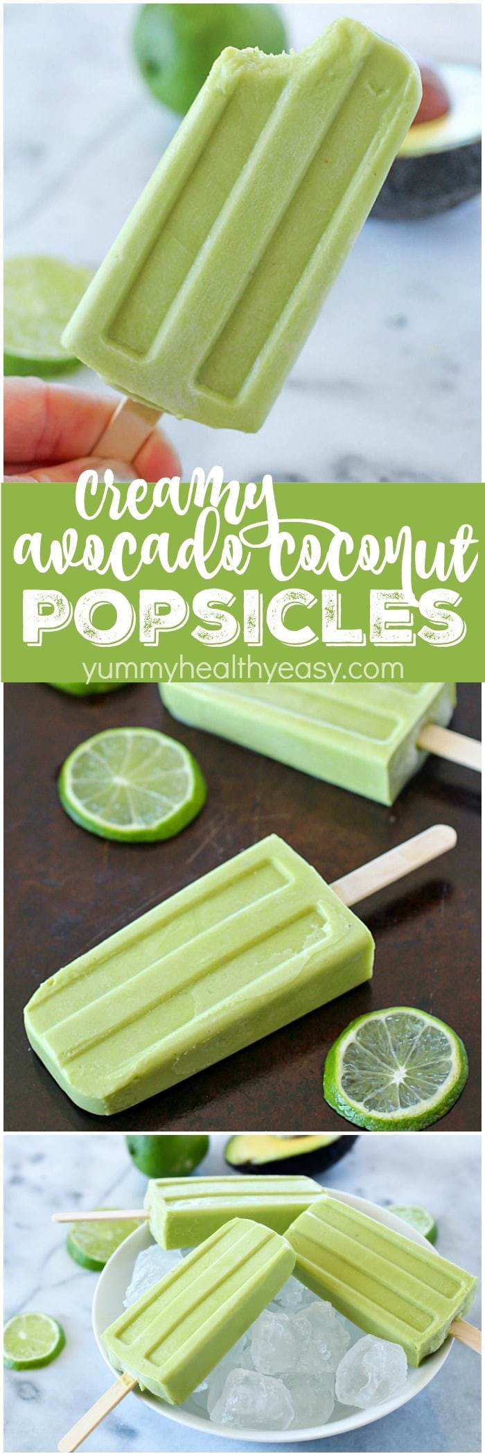 Creamy Avocado Coconut Popsicles - every bite is a tropical getaway! Who would have thought that avocado in a popsicle would be so delicious? You get a little coconut, lime and avocado in every bite of these popsicles! AD