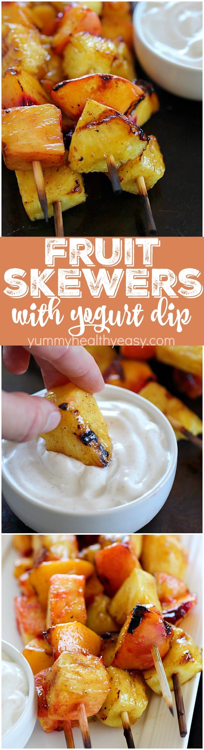 Fruit Skewers are grilled with a sweet cinnamon glaze and dipped in a delicious easy yogurt dip! You will go crazy for these grilled fruit skewers! AD