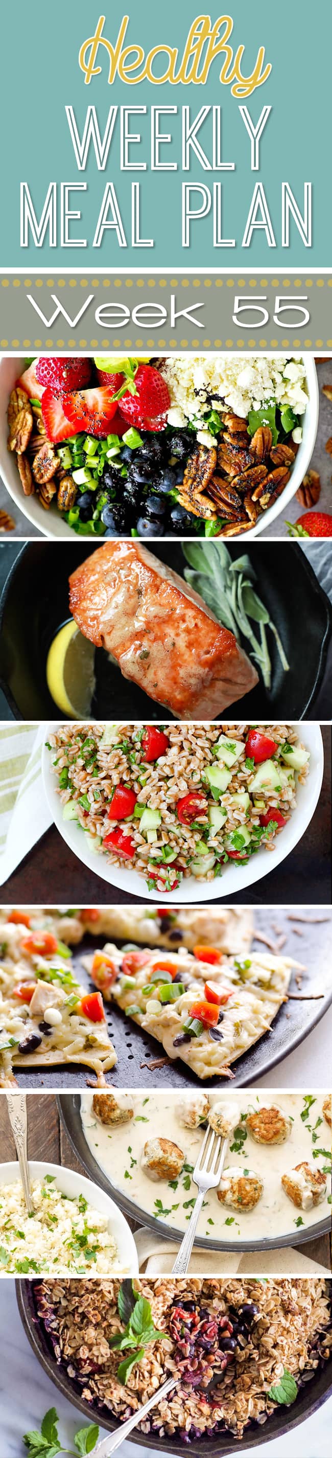 Healthy Weekly Meal Plan #55 will help you plan out your dinners for the whole week while also adding in a lunch, side dish, breakfast and healthy dessert recipe too! So many great recipes all in one place!