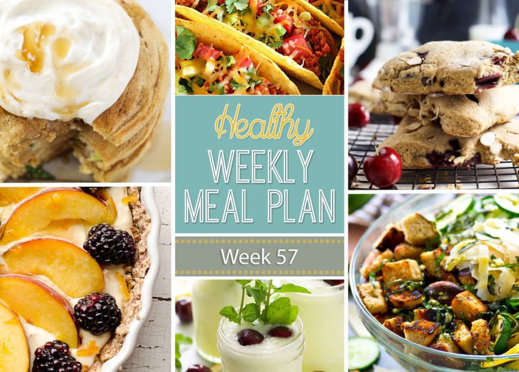Healthy Weekly Meal Plan #57 is full of delicious healthy dinner recipes but also includes a healthy breakfast, lunch, side dish and dessert! So many yummy good-for-you recipes all in one place to make your meal planning super easy!