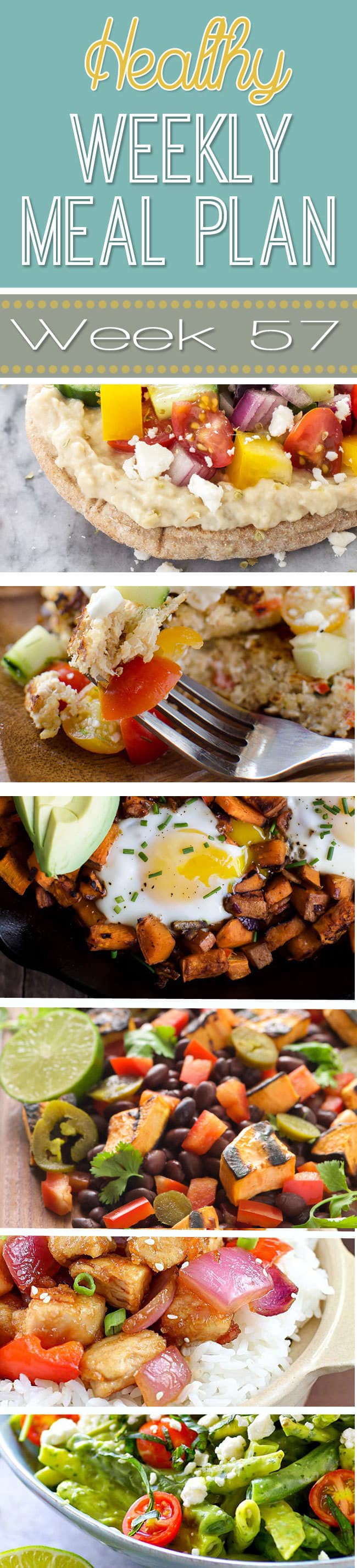 Healthy Weekly Meal Plan #57 is full of delicious healthy dinner recipes but also includes a healthy breakfast, lunch, side dish and dessert! So many yummy good-for-you recipes all in one place to make your meal planning super easy!