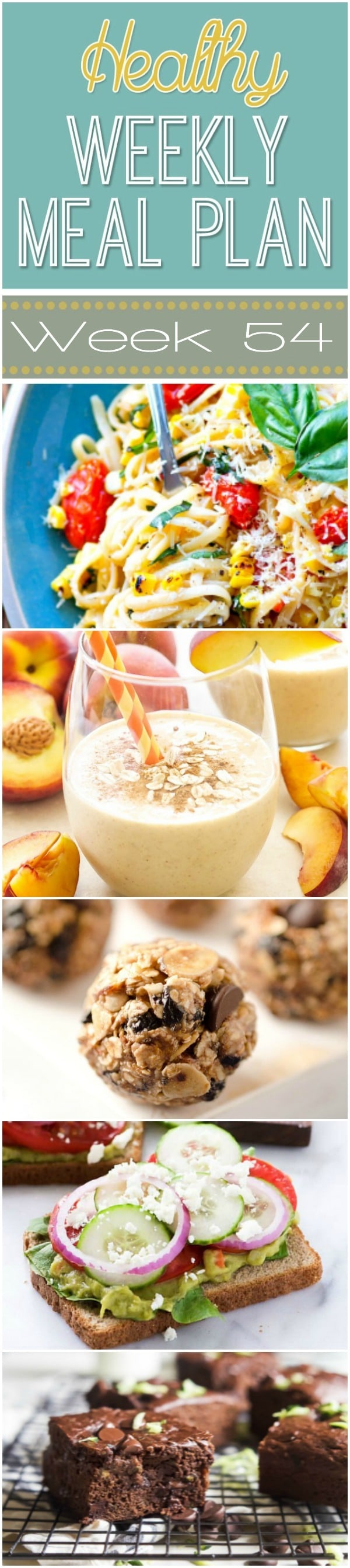 Healthy Weekly Meal Plan #54 is full of hearty & healthy dinners but also has a yummy lunch, side dish, breakfast and dessert recipe for you, too! Plan out your meals for the week with ease!