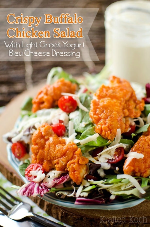Crispy Buffalo Chicken Salad with Light Greek Yogurt Bleu Cheese Dressing is a fresh and simple dinner salad that is loaded with bold flavors.