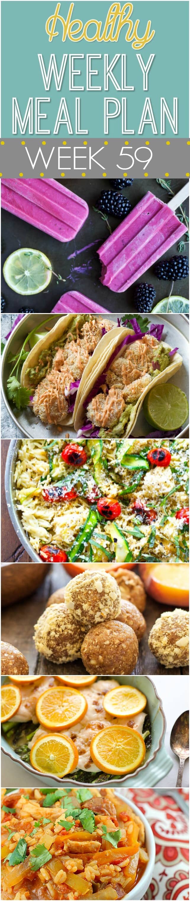 Healthy Weekly Meal Plan #59 - plan out your healthy dinner recipes for the week! Plus a healthy breakfast, lunch, side dish, snack and dessert recipe, too! So many yummy recipes in this week's meal plan!