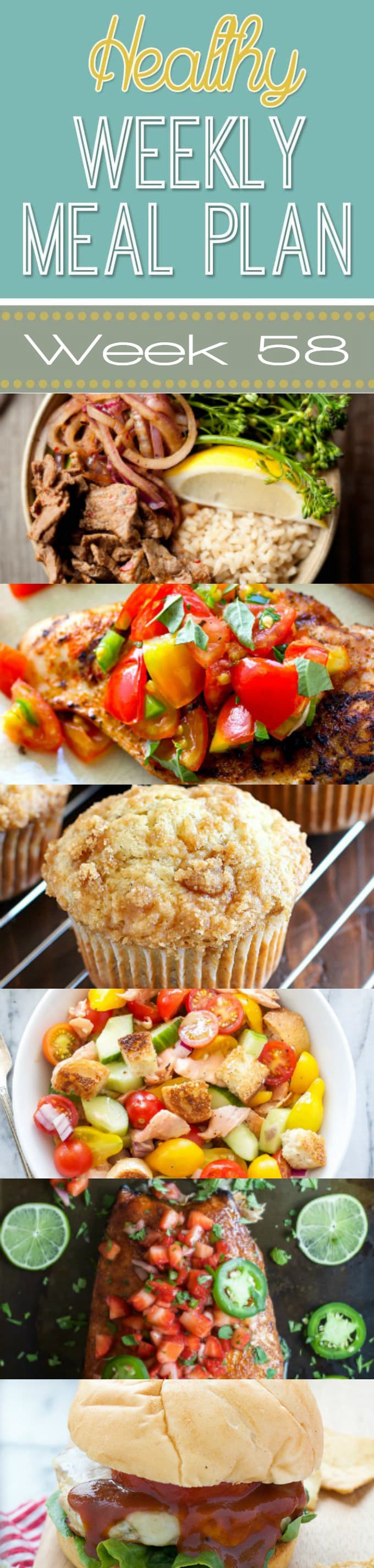 Healthy Weekly Meal Plan #58 - plan your week's dinners out with ease with this meal plan! There's a healthy dinner recipe for every night plus a breakfast, lunch, side dish and dessert recipe too! You will love these healthy recipes!