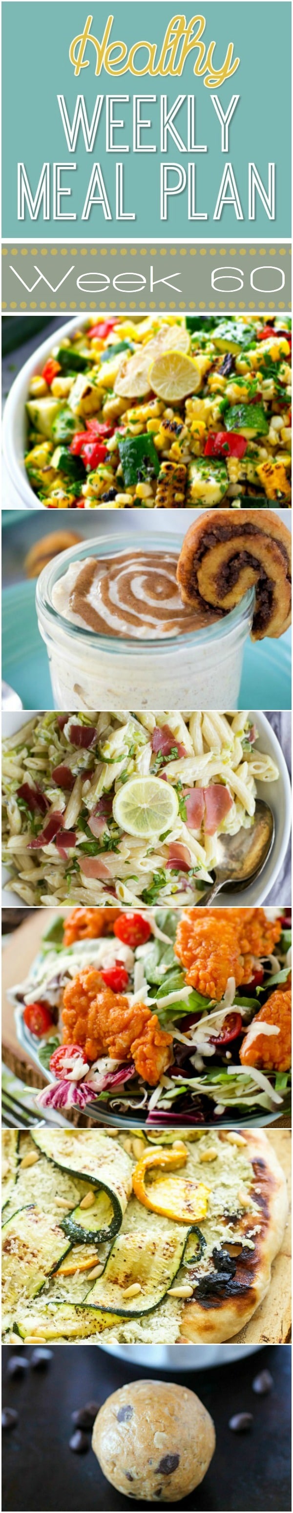 Healthy Weekly Meal Plan #60 includes a healthy dinner recipe for every night of the week plus a healthy breakfast, lunch, snack, side dish and dessert recipe for you as well. Every recipe in our weekly meal plan is delicious and sure to be hit on your dinner table!