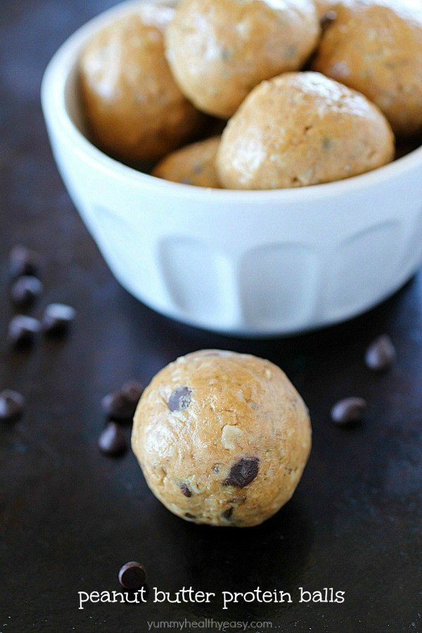 Protein balls filled with peanut butter, protein powder and oats make the most delicious on-the-go snack! Whenever you need a little protein boost to get you to the next meal, these little bites have you covered!